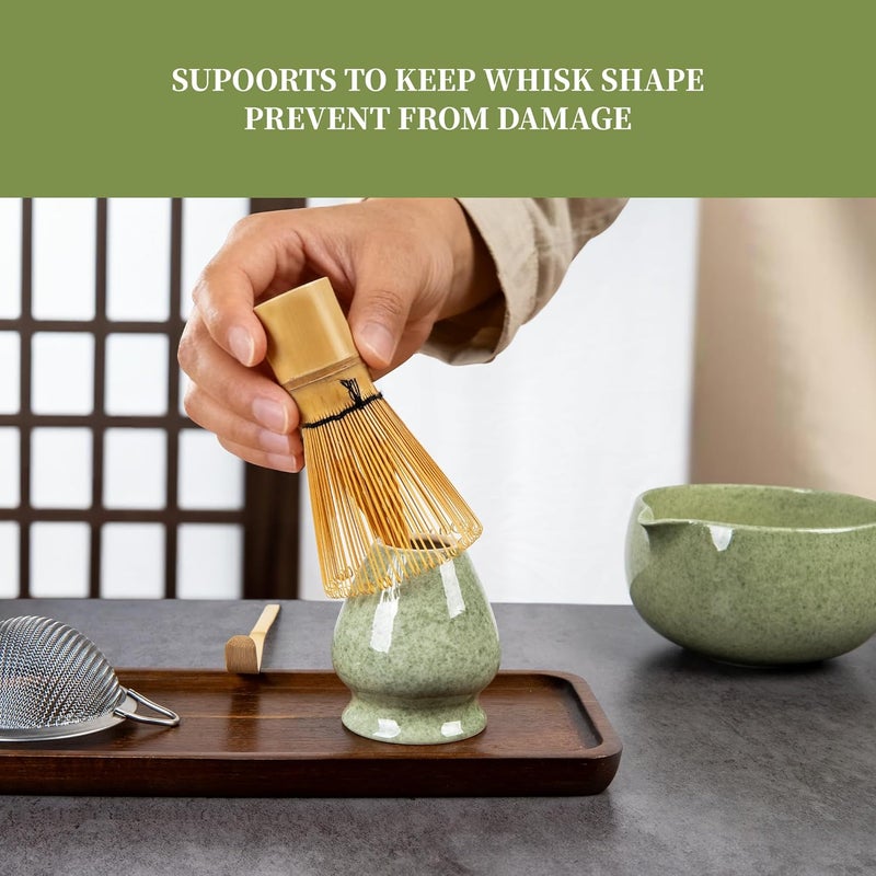YIBO Matcha Whisk Set With Bowl, Ceramic Matcha Making Kit Includes Bamboo Whisk (Chasen), Holder Stand, Powder Starter Sifter, Scoop, Measuring Spoon & Cup Tea Tools For Ceremony (Mottled Green) - Image 5